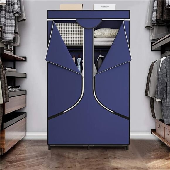 34 Inch Portable Wardrobe Organizer with Dustproof Non-Woven Fabric (Blue) - Picture 4 of 6